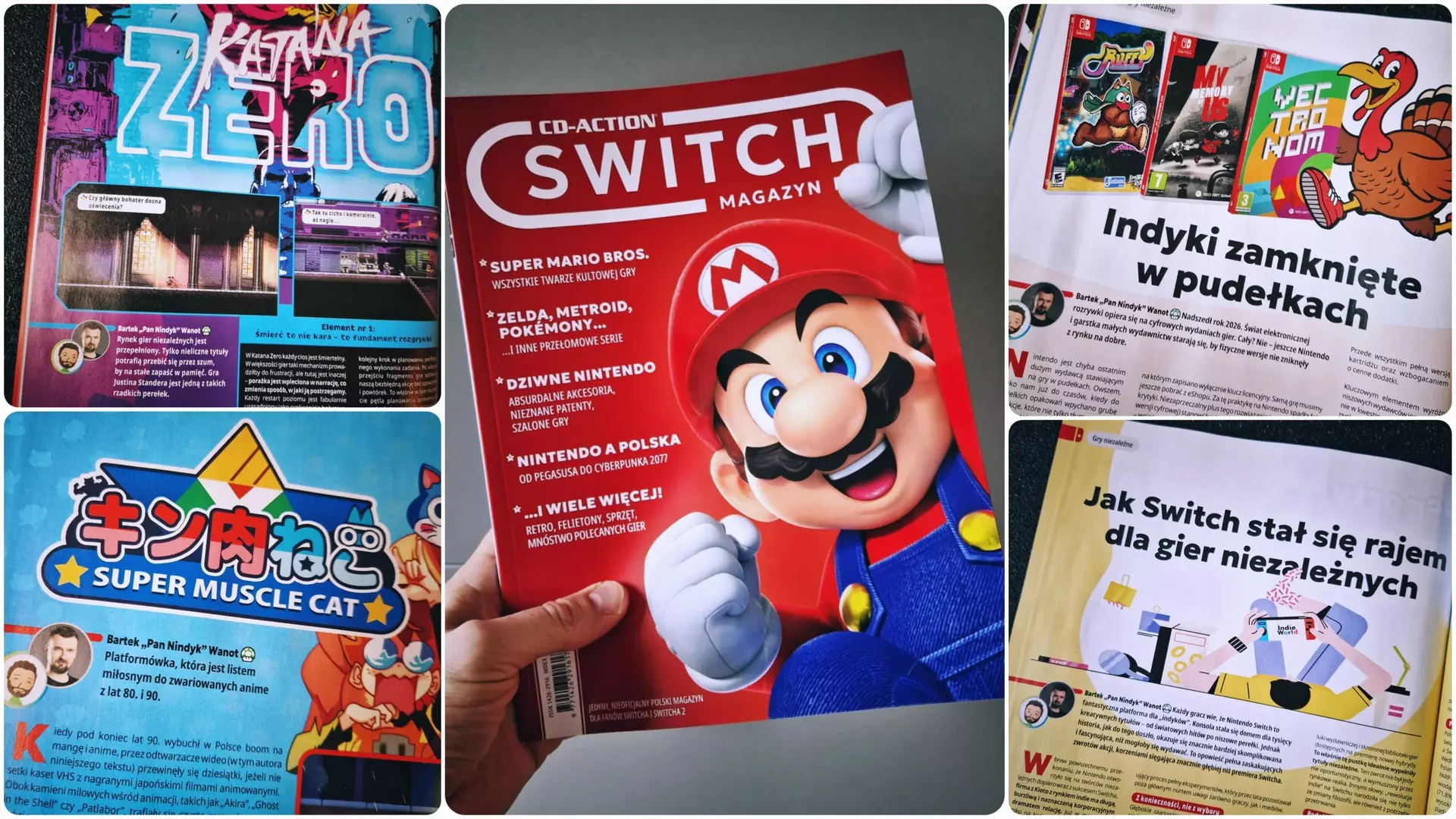 Kolaż zdjęć przedstawiający magazyn "CD-Action Switch" z moimi tekstami: o Katana Zero i KinnikuNeko: SUPER MUSCLE CAT, wydaniach pudełkowych gier niezależnych i jak Switch stał się rajem dla gier niezależnych.
