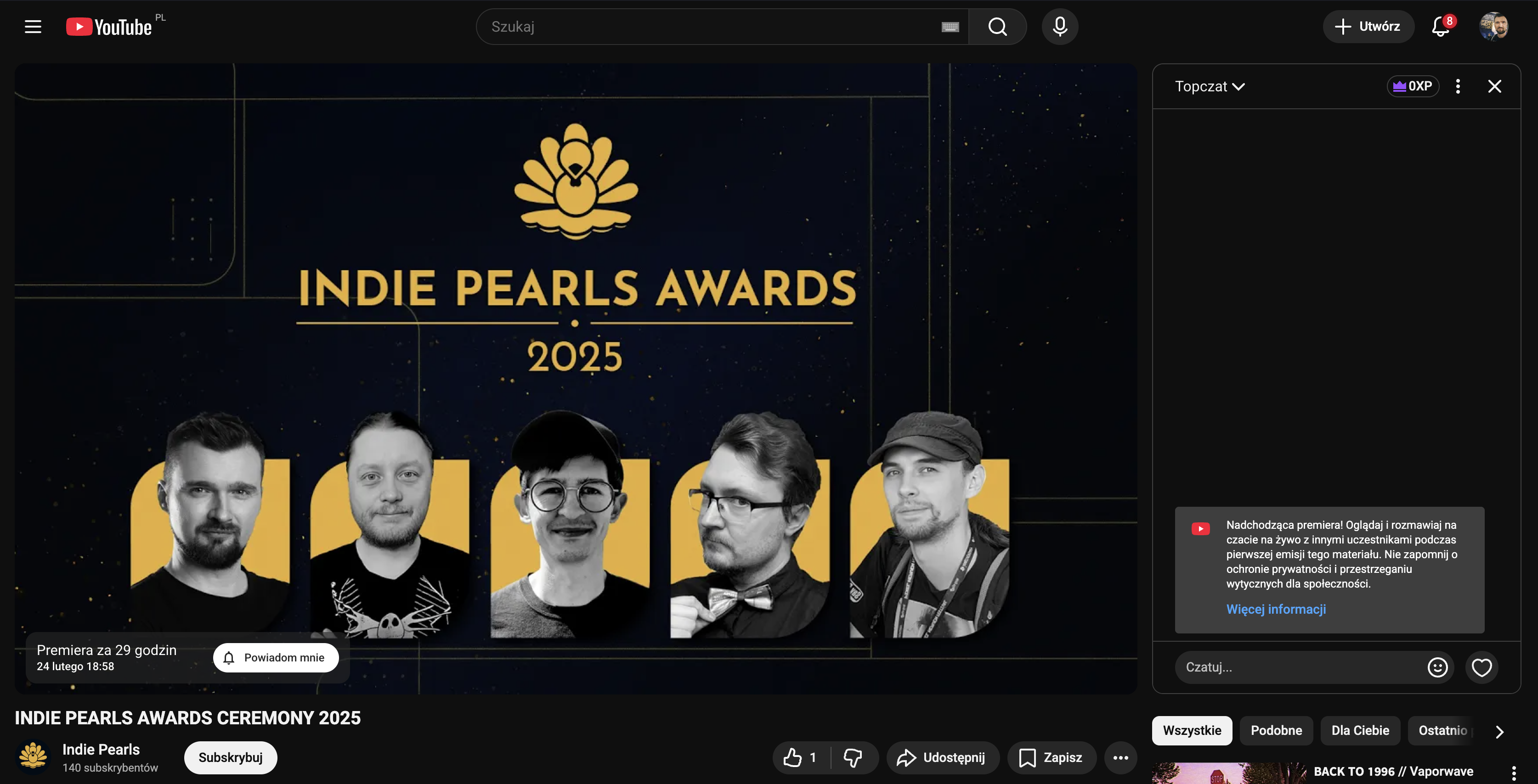 Skrinszot z YT na której widać zapowiedź ceremonii Indie Pearl Awards 2025 - na miniaturce kilka znanych twarzy z giereczkowa (w tym moja!).